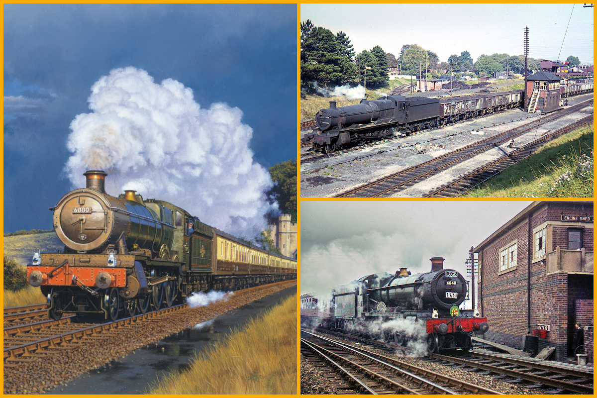 Image (left) Betton Grange painting by Malcolm Root and 6880 Society. Images (right) Locomotives by Colour-Rail.